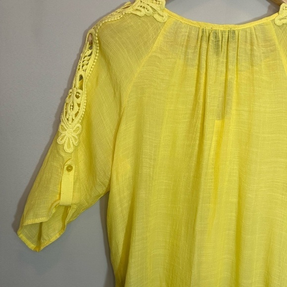 BCX Womens Blouse M  Embroidered Gauzy Tie Pleated Front Elbow Roll Tab Sleeve - Picture 8 of 15